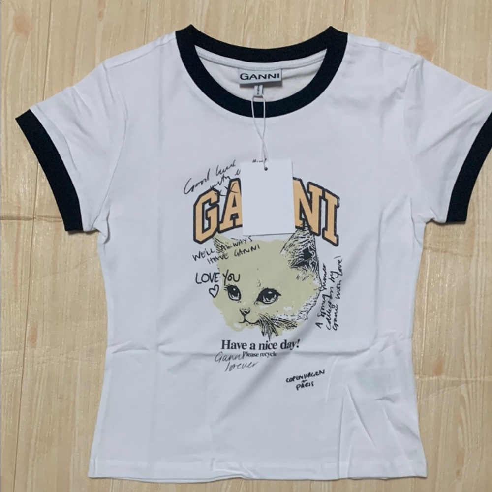 Ganni White Tee with Black Trim and Yellow Kitten Graphic